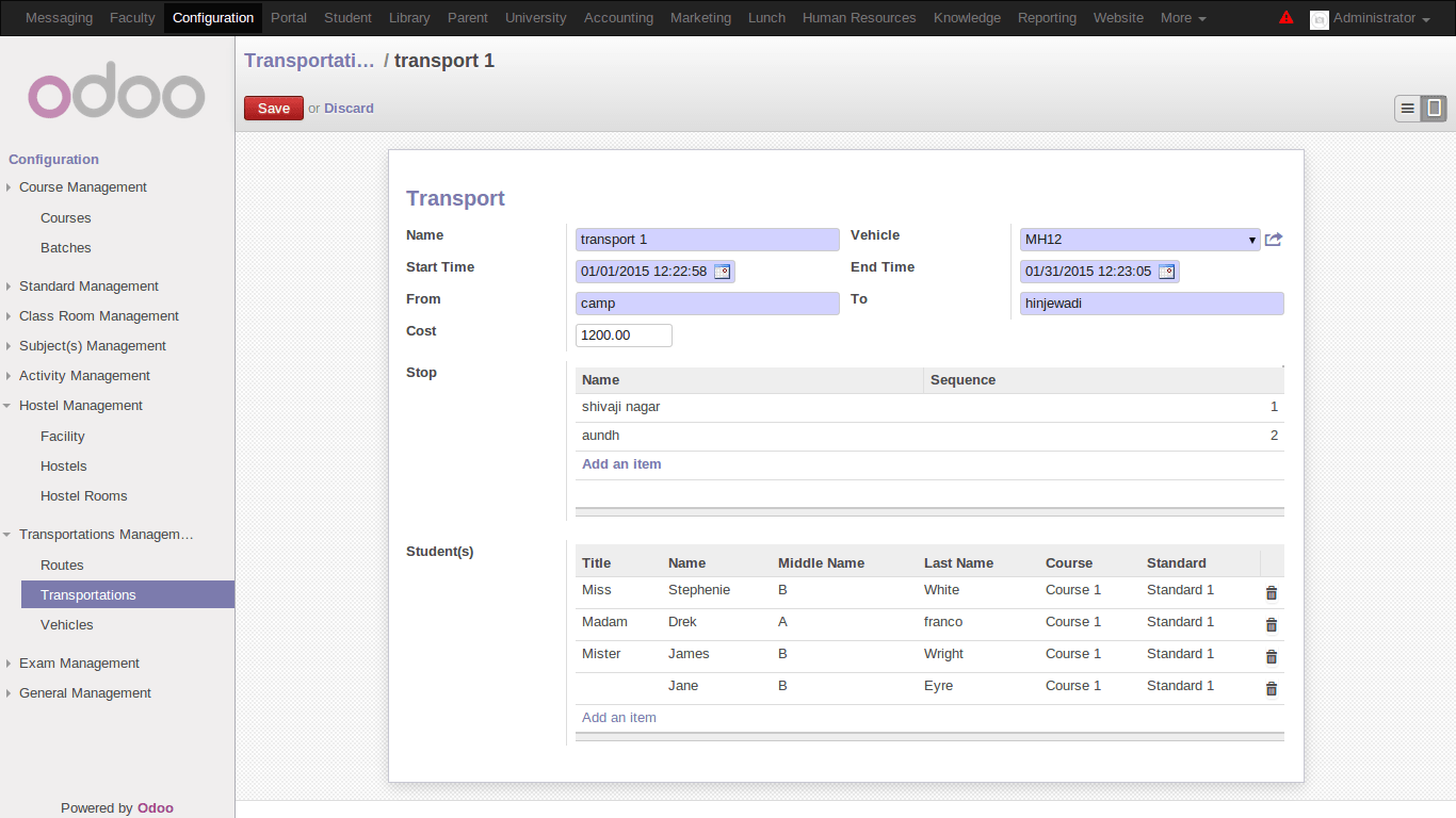 screenshot of transport management in odoo university management software